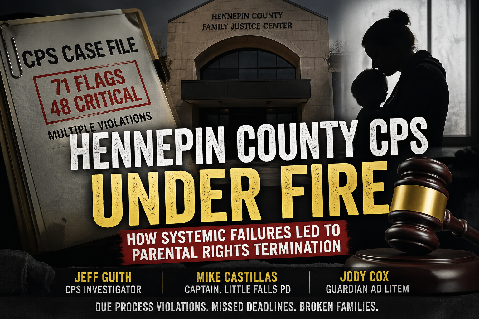 Hennepin County CPS under fire graphic showing courthouse, case file with 71 flags 48 critical, and officials Jeff Guith, Mike Castillas, and Jody Cox