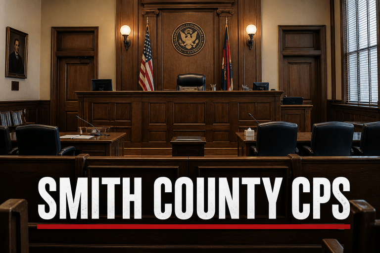 Smith County Mississippi courtroom with “Smith County CPS” text highlighting child protection investigation