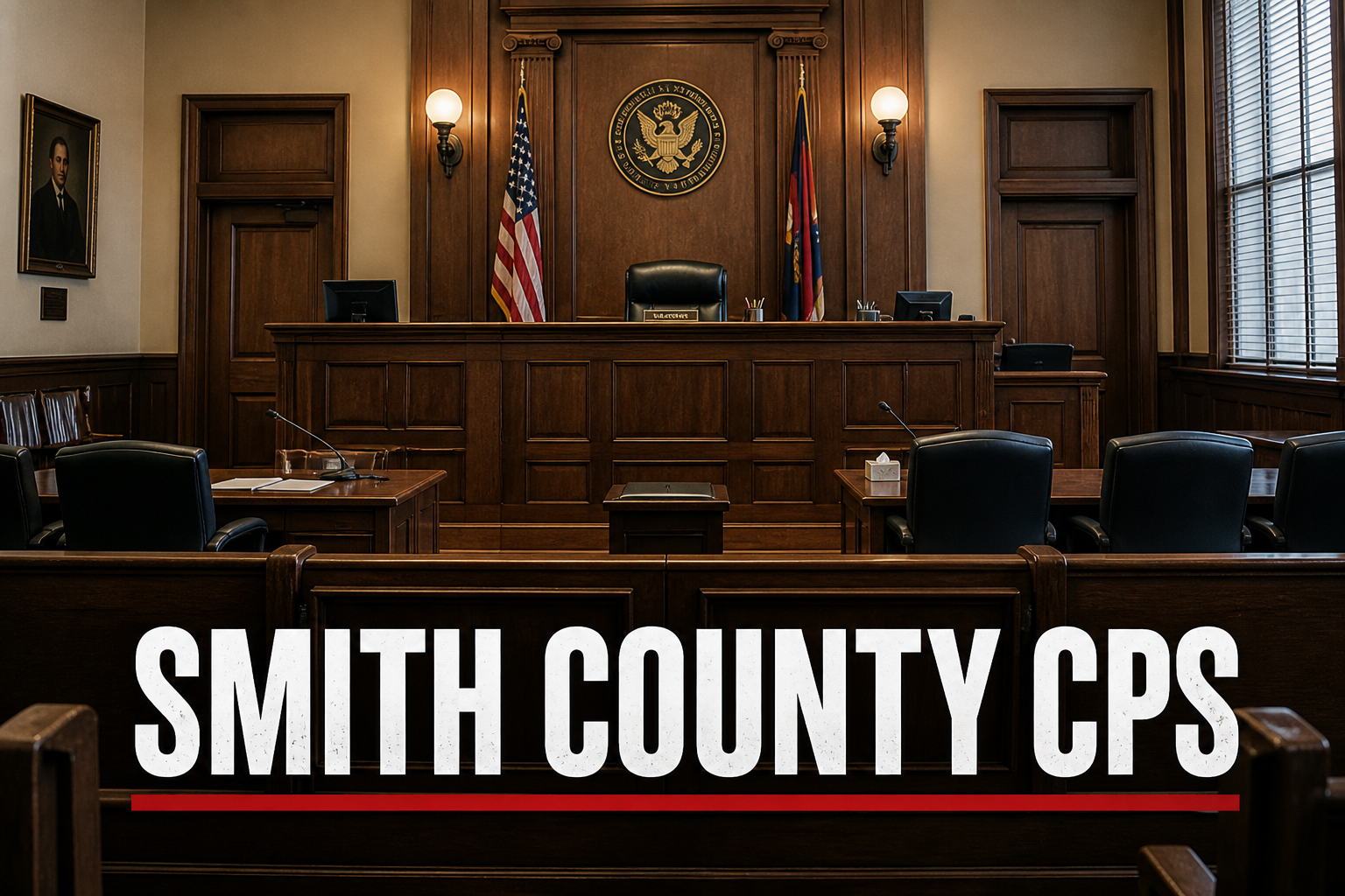 Smith County Mississippi courtroom with “Smith County CPS” text highlighting child protection investigation